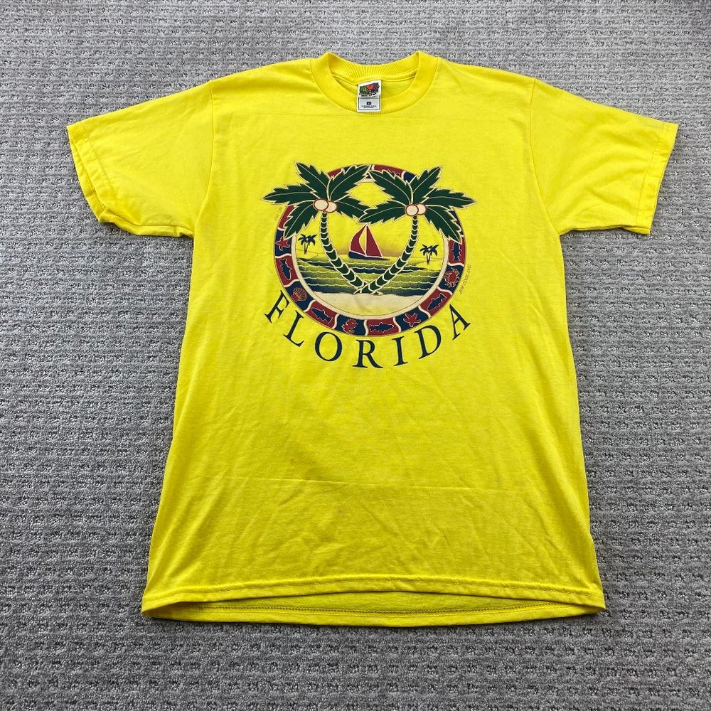 Vintage Fruit of The Loom Best Shirt Men Medium M Yellow Florida Palm Tree